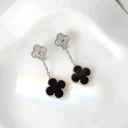 [Spark]CLOVER 2 MOTIFS  DIAMOND ONYX EARRINGS SILVER
