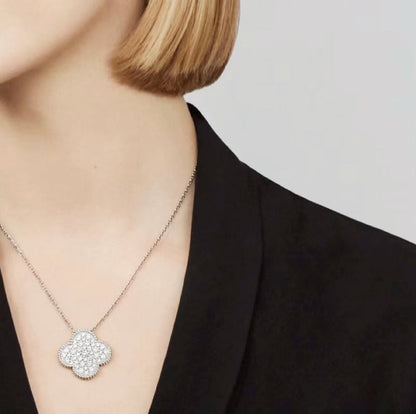 [Spark]CLOVER 25MM LARGE PENDANT DIAMOND PAVED SILVER NECKLACE