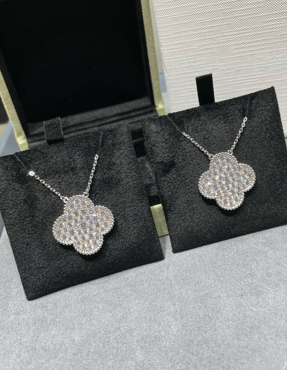 [Spark]CLOVER 25MM LARGE PENDANT DIAMOND PAVED SILVER NECKLACE