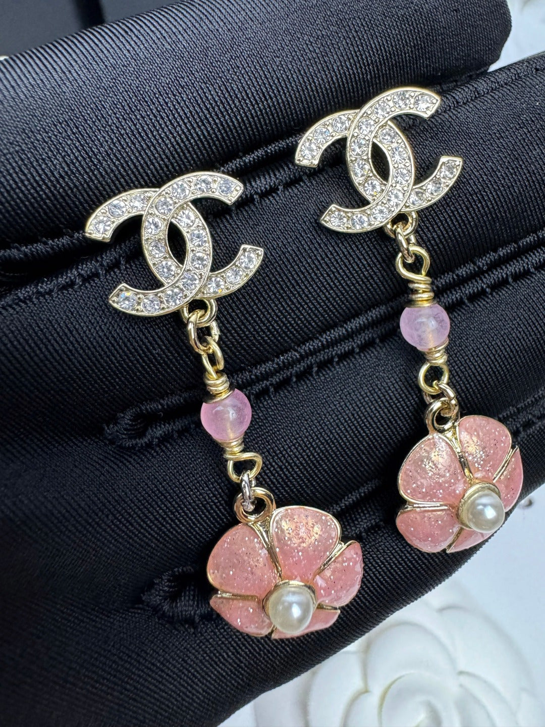 [Spark]26C Pink Camellia Enamel Pendant with Double C Earrings