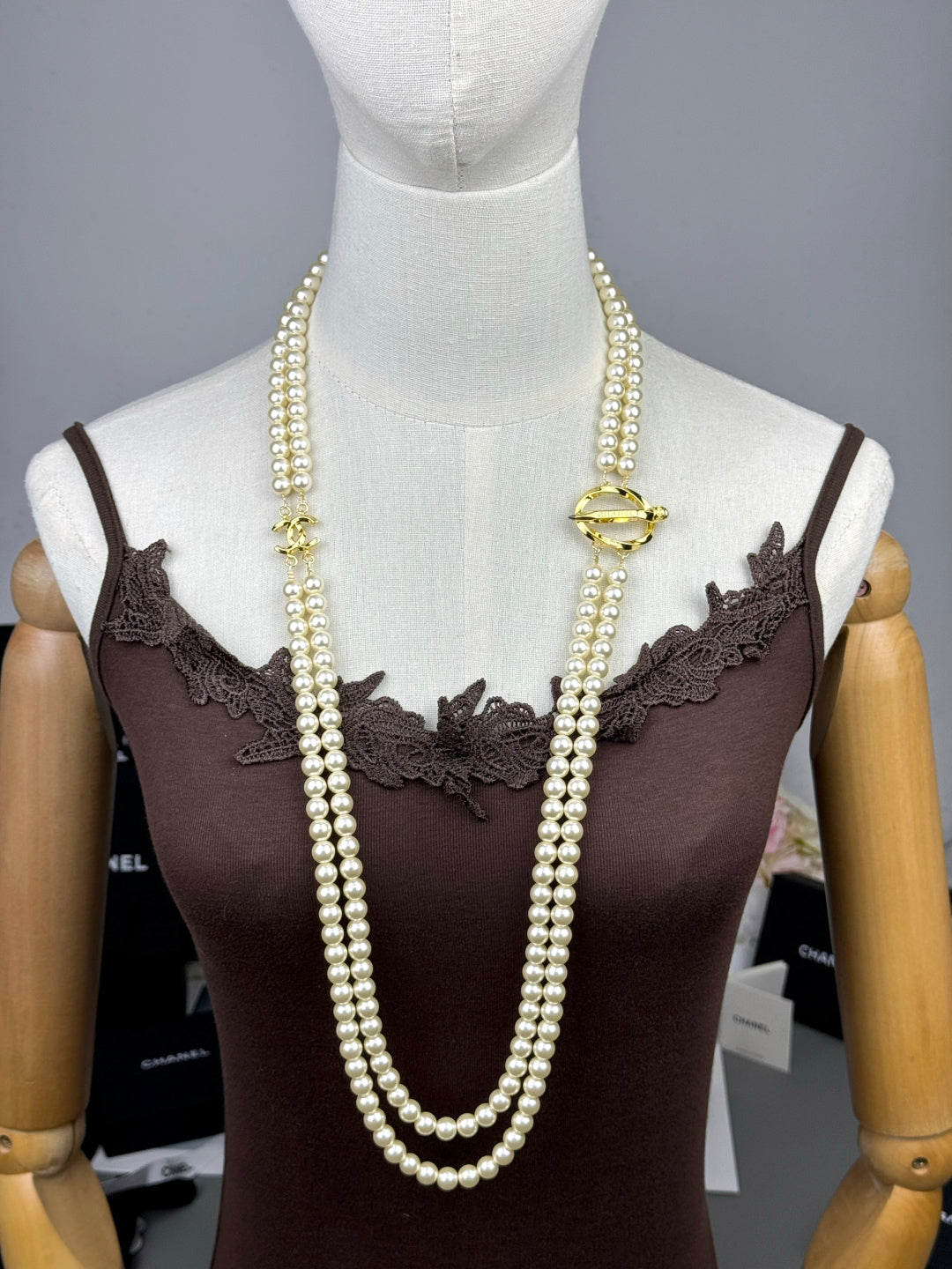 [Spark]25K Pencil Double C Double-Layer Pearl Sweater Chain