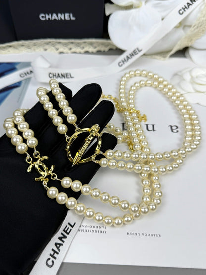 [Spark]25K Pencil Double C Double-Layer Pearl Sweater Chain
