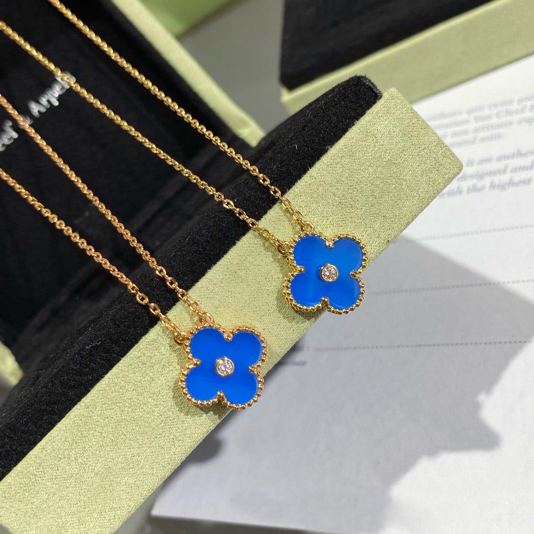 [Spark]CLOVER 15MM DIAMOND AND BLUE AGATE NECKLACE